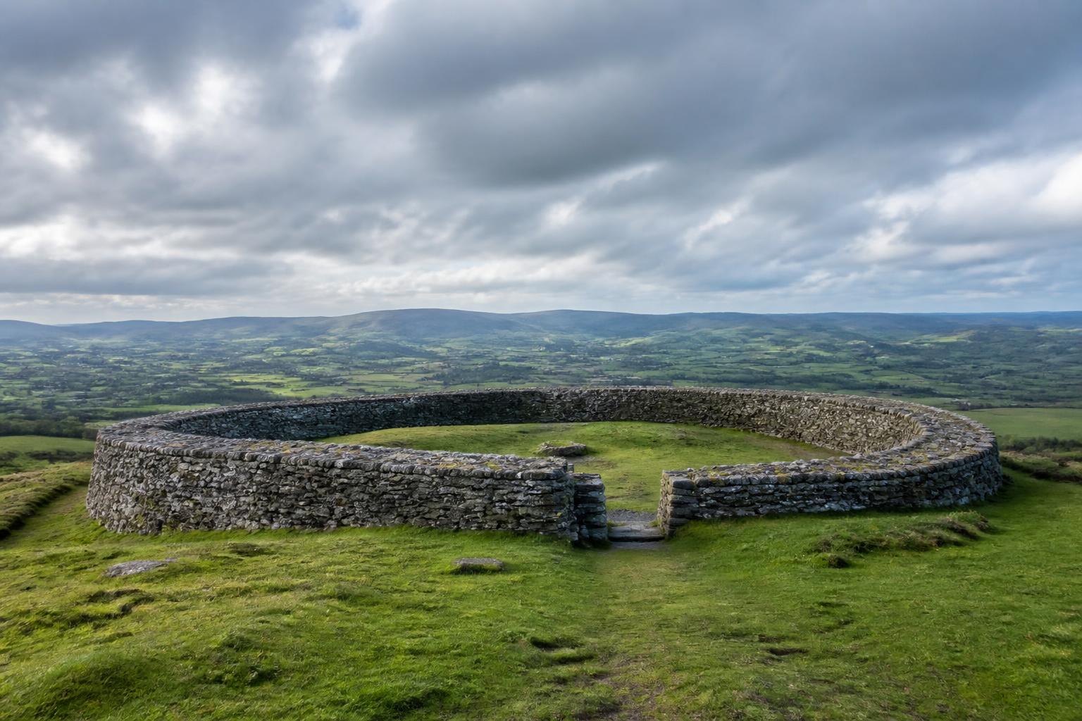 Grianán of Aileach ringfort on a green hilltop in County Donegal, Ireland